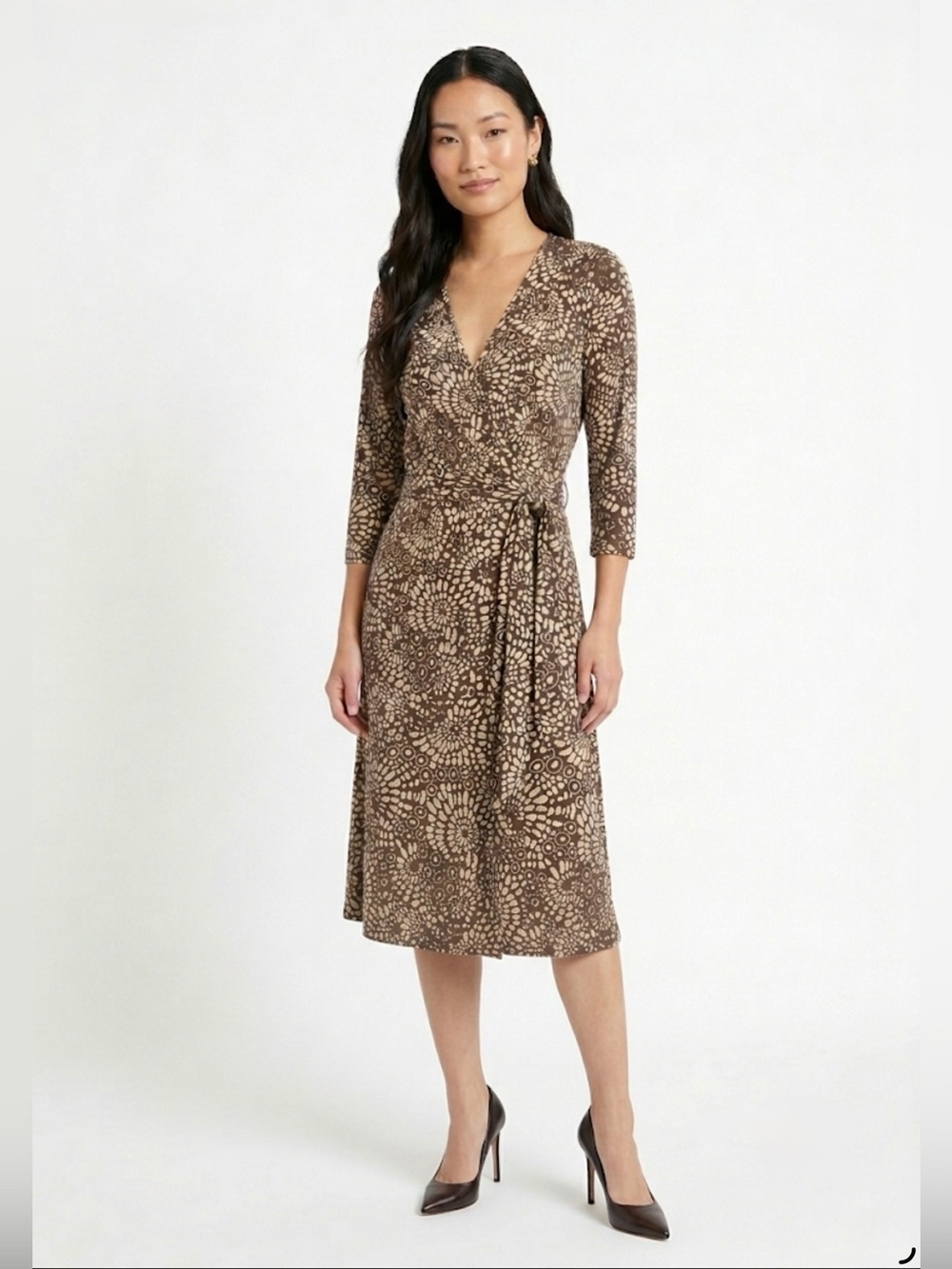 Pure Collection Silk Wrap Dress Brown Cream Geo Floral Small